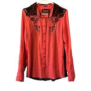 ROAR Western Embroidered Rhinestone Pearl Snap Shirt Roll Tab Sleeves M Country‎